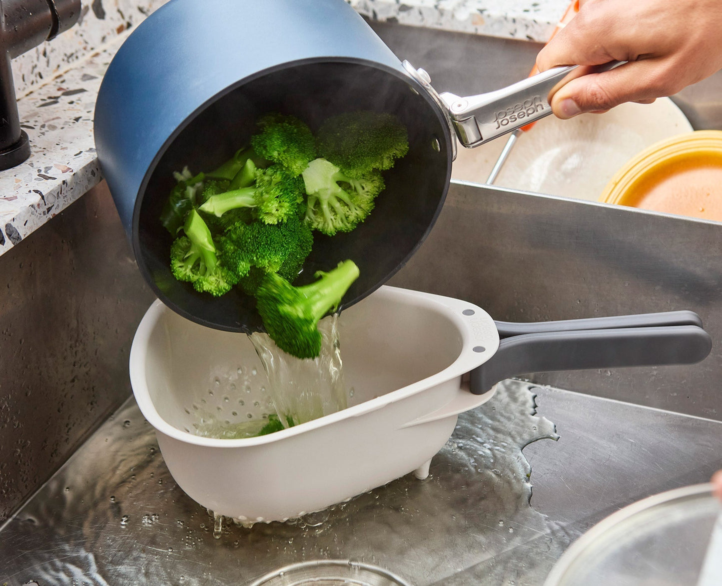 [half-width] Droplet Large White Colander with Folding Handle