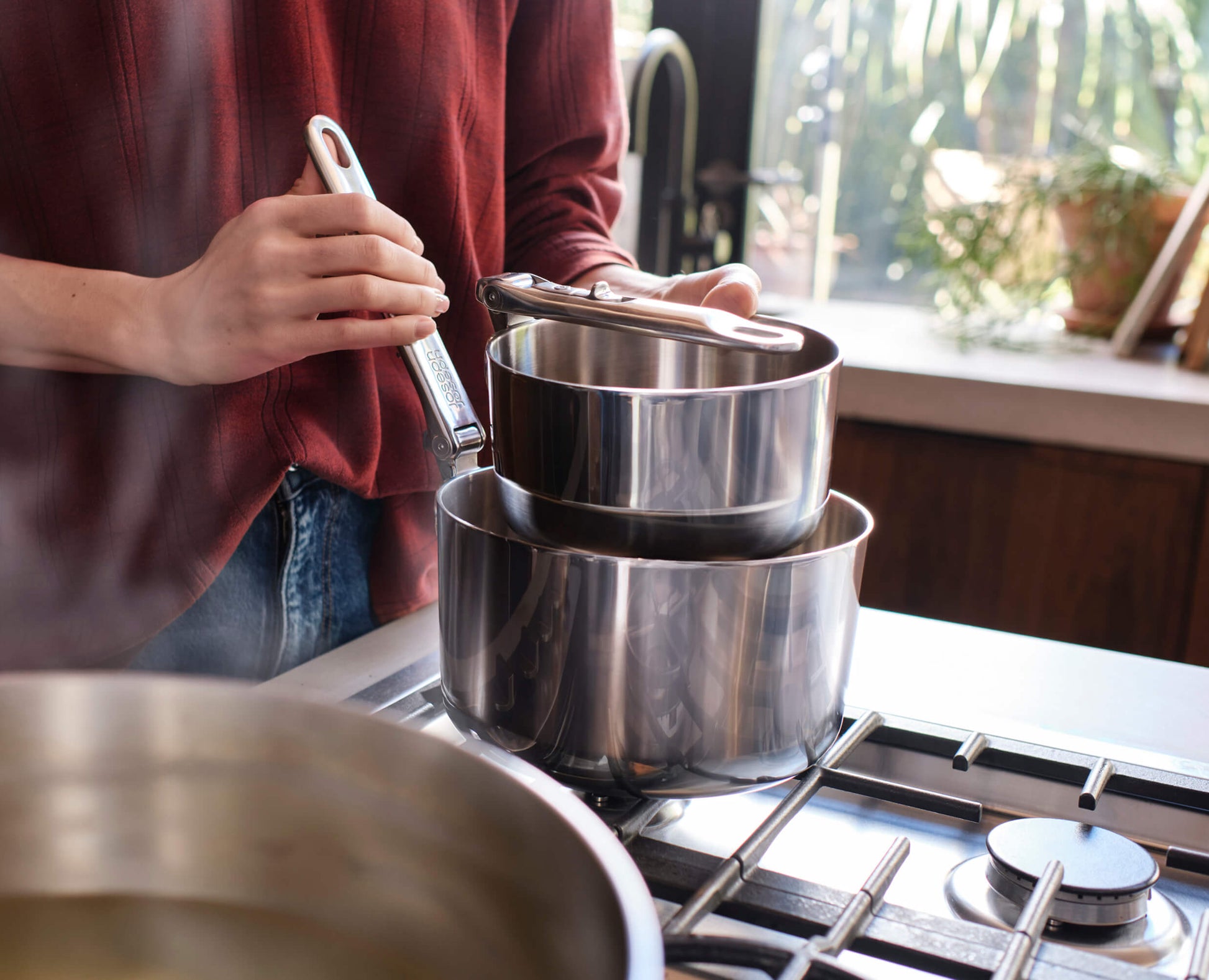 [half-width] Space Steel Folding Handle 3-Piece Saucepan Set