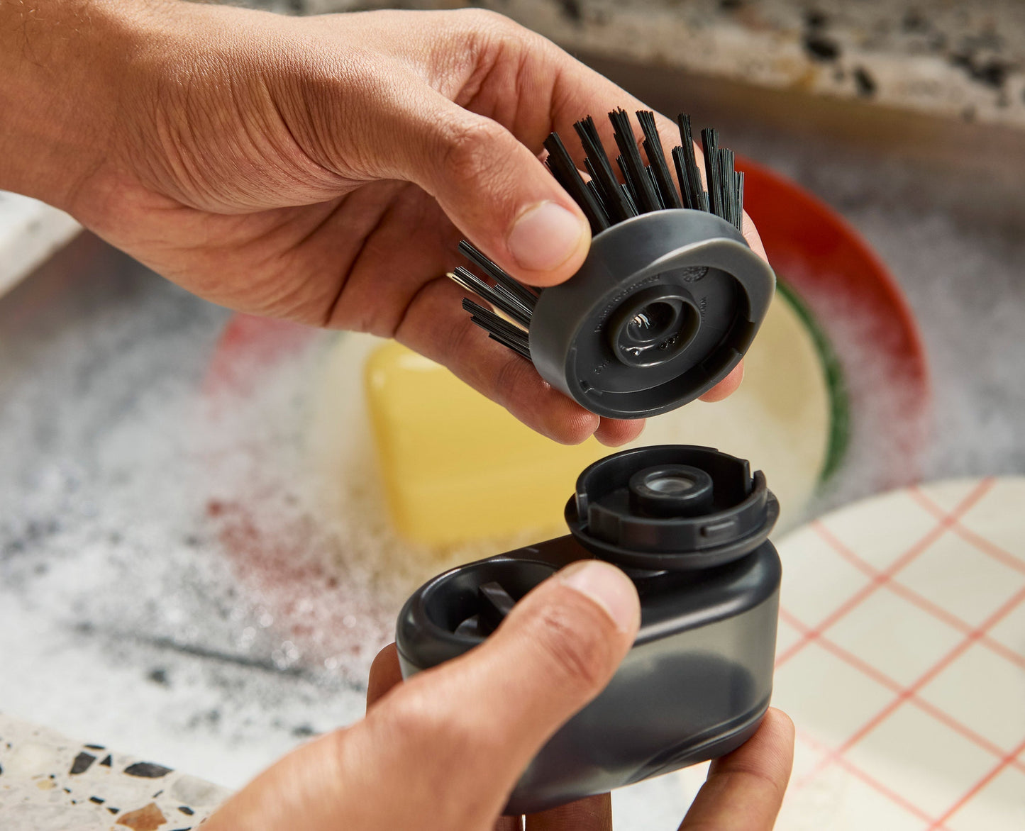 [half-width] SinkTech™ Compact Soap Dispensing Washing-Up Brush with Steel Stand & Extra Heads