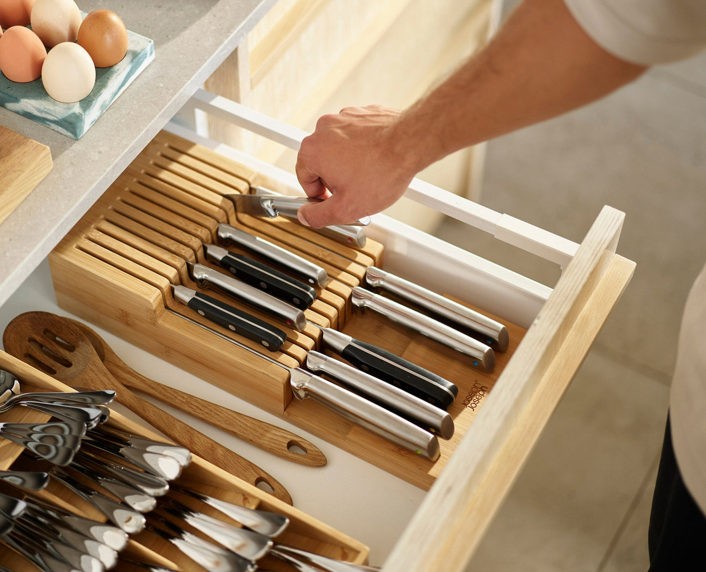 [hidden] [lifestyle] 2-piece DrawerStore™ Bamboo Large Cutlery & Knife Organiser Set