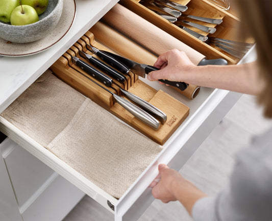 [hidden] [lifestyle] 2-piece DrawerStore™ Bamboo Cutlery & Knife Organiser Set